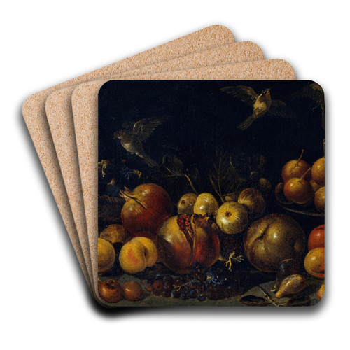 Still Life with Pomegranates, Apples, Pears, Grapes, Figs and Birds by Tommaso Realfonso Art Drink Coaster set Still Life with Pomegranates, Apples, Pears, Grapes, Figs and Birds by Tommaso Realfonso Art Drink Coaster set