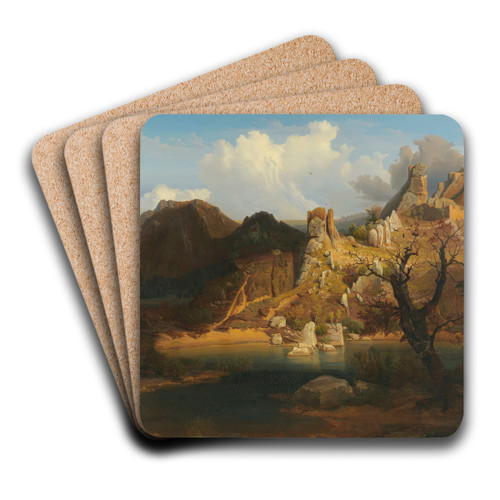 Landscape with rugged cliffs and mountain lake by Carl Dahl Art Drink Coaster set
