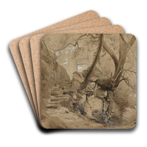 Felsentreppe im Park der Villa Chigi in Ariccia by Johann Wilhelm Schirmer Art Drink Coaster set Felsentreppe im Park der Villa Chigi in Ariccia by Johann Wilhelm Schirmer Art Drink Coaster set