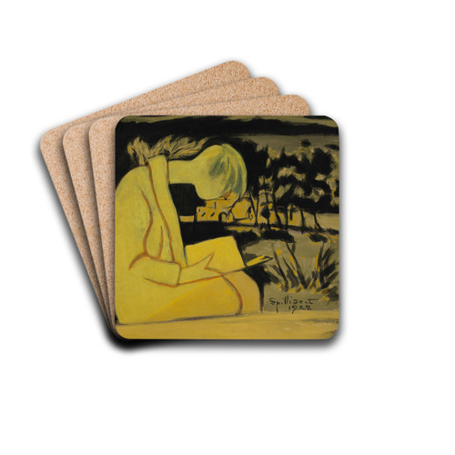 Jeune fille en jaune, lisant by Lon Spilliaert Drink Coasters - set of 4 Jeune fille en jaune, lisant by Lon Spilliaert Drink Coasters - set of 4