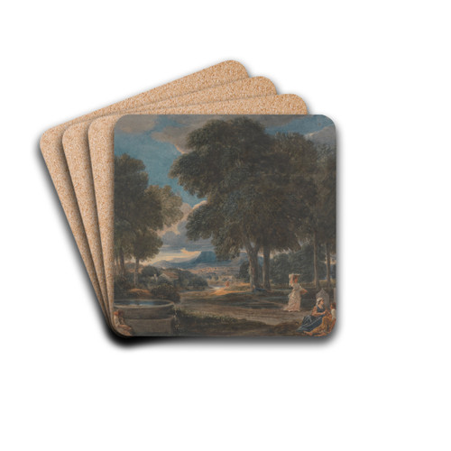 Landscape with a Man Washing His Feet at a Fountain, after Poussin by David Cox Drink Coasters - set of 4 Landscape with a Man Washing His Feet at a Fountain, after Poussin by David Cox Drink Coasters - set of 4