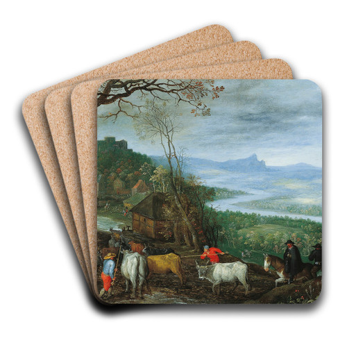 A landscape with herdsmen driving cattle to a village by Jan Brueghel The Elder Art Drink Coaster set