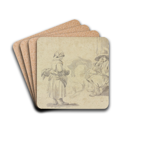 Ein Mann ruht hinter seinem beladenen Esel aus, vor ihm steht ein Mdchen mit einem Korb by Johann Heinrich Roos Drink Coasters - set of 4 Ein Mann ruht hinter seinem beladenen Esel aus, vor ihm steht ein Mdchen mit einem Korb by Johann Heinrich Roos Drink Coasters - set of 4