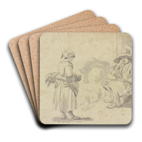 Ein Mann ruht hinter seinem beladenen Esel aus, vor ihm steht ein Mdchen mit einem Korb by Johann Heinrich Roos Art Drink Coaster set Ein Mann ruht hinter seinem beladenen Esel aus, vor ihm steht ein Mdchen mit einem Korb by Johann Heinrich Roos Art Drink Coaster set