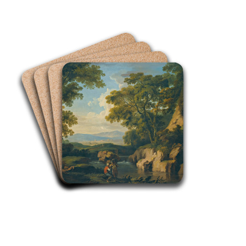 A Mountainous Wooded Landscape With Figures By A River In The Foreground by George Barret Drink Coasters - set of 4