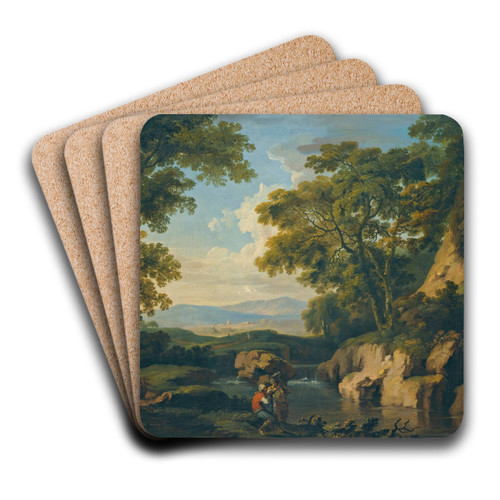A Mountainous Wooded Landscape With Figures By A River In The Foreground by George Barret Art Drink Coaster set A Mountainous Wooded Landscape With Figures By A River In The Foreground by George Barret Art Drink Coaster set