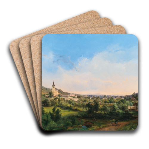 A View of the Churches of Kalksburg and Rodaun at Dawn by Carl Franz Michael Geyling Art Drink Coaster set