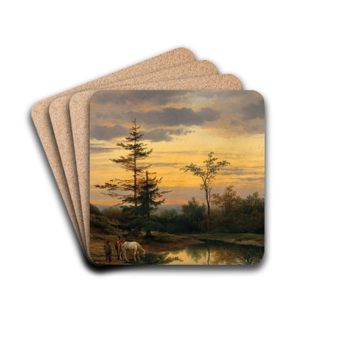 A Summer Evening on the Riverbank by Cornelis Lieste Drink Coasters - set of 4