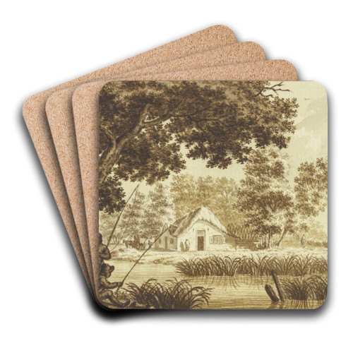 Landschaft, vorn ein Wasser, links zwei Angler by Theodor de Bruyn Art Drink Coaster set