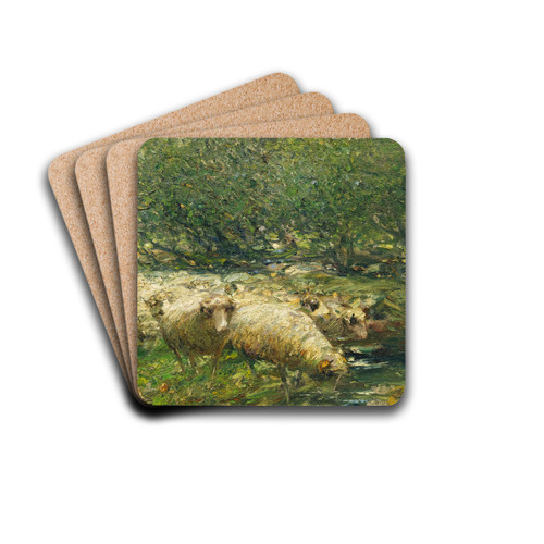 Schafherde am Bach im Baumschatten by Heinrich Von Zgel Drink Coasters - set of 4