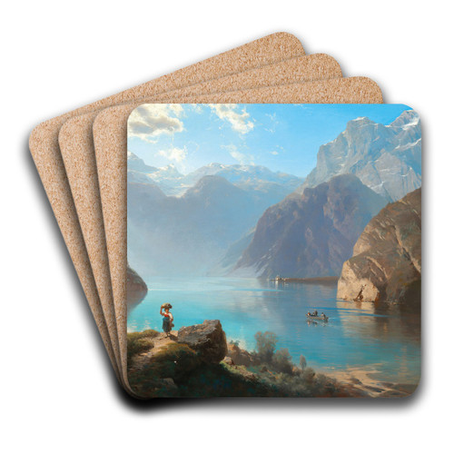 A Scene on Lake Knigssee with St. Bartholom by Leopold Heinrich Vscher Art Drink Coaster set