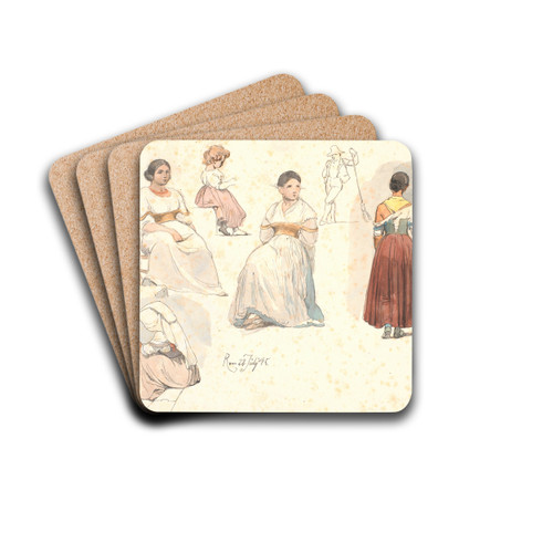 Fire studier af italienerinder, den ene med et barn ved hnden, samt et studie af et barn, og et studie af en gadefe-jer by Johan Thomas Lundbye Drink Coasters - set of 4