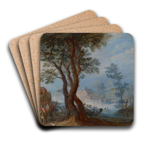 Village Landscape with Staffage Figures by Jan Brueghel The Elder Art Drink Coaster set