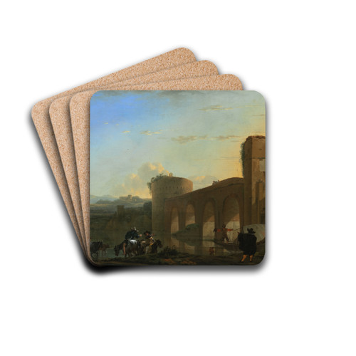 The Tiber River with the Ponte Molle at Sunset by Jan Asselijn Drink Coasters - set of 4 The Tiber River with the Ponte Molle at Sunset by Jan Asselijn Drink Coasters - set of 4