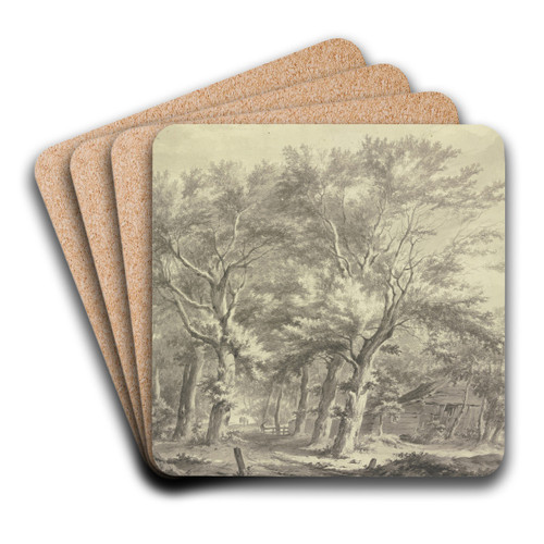 Weg durch einen Wald, rechts eine windschiefe Htte, links drei Bauern bei einem Wagen by Franciscus Andreas Milatz Art Drink Coaster set Weg durch einen Wald, rechts eine windschiefe Htte, links drei Bauern bei einem Wagen by Franciscus Andreas Milatz Art Drink Coaster set
