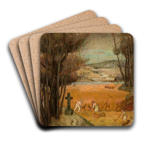 Harvest in a field by Tadeusz Makowski Art Drink Coaster set Harvest in a field by Tadeusz Makowski Art Drink Coaster set