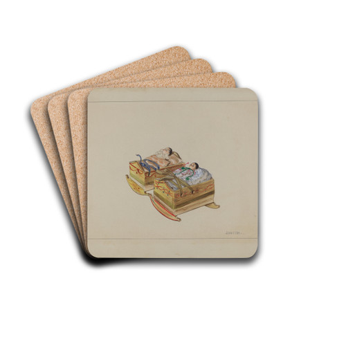 Two Cradles with Dolls by John Fisk Drink Coasters - set of 4