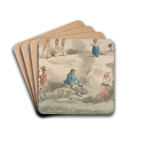 Studies of Girls, one Playing with Hoop, one Picking Berries, Man and Horse, etc. by George Morland Drink Coasters - set of 4