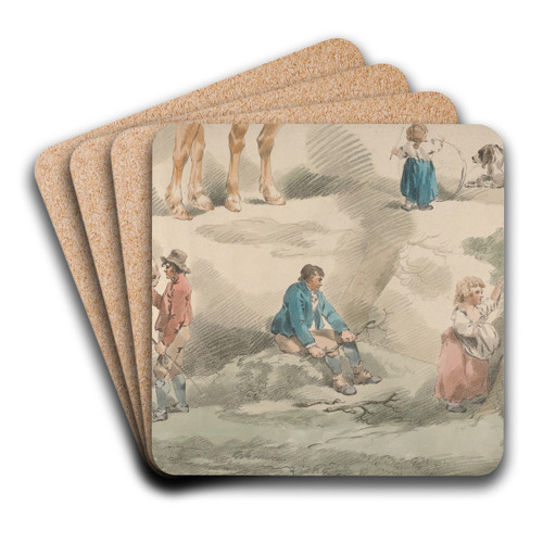 Studies of Girls, one Playing with Hoop, one Picking Berries, Man and Horse, etc. by George Morland Art Drink Coaster set Studies of Girls, one Playing with Hoop, one Picking Berries, Man and Horse, etc. by George Morland Art Drink Coaster set