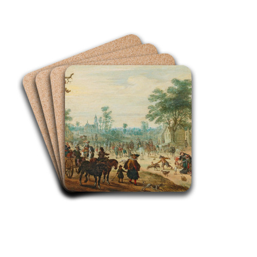 A village with numerous figures on a road by Sebastian Vrancx Drink Coasters - set of 4