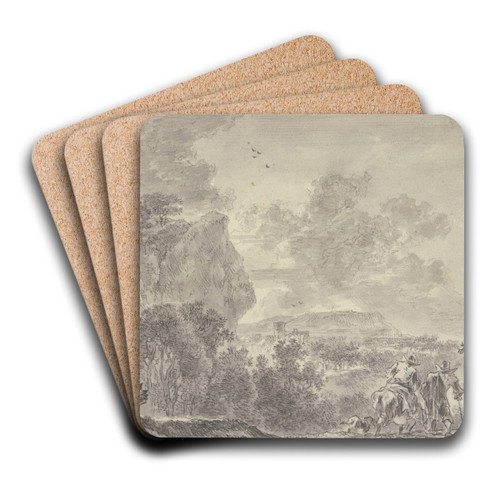 Italienische Landschaft, bewaldete Ebene, vorne zwei Wanderer, der linke beritten by Adriaen van der Cabel Art Drink Coaster set Italienische Landschaft, bewaldete Ebene, vorne zwei Wanderer, der linke beritten by Adriaen van der Cabel Art Drink Coaster set