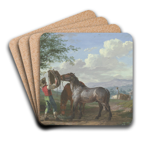 Zwei Pferde auf dem Felde unter einem Baum by Johann Georg Pforr Art Drink Coaster set