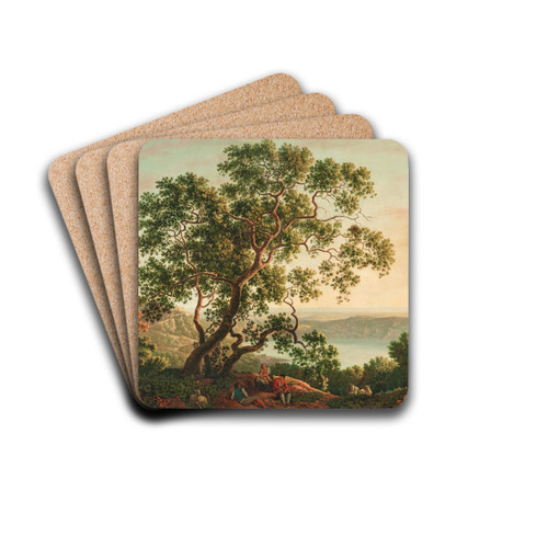 The Lago Nemi at twilight with figures and a flock of goats resting in the foreground by Carlo Labruzzi Drink Coasters - set of 4
