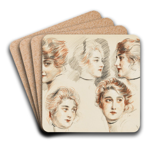 Five head studies of a young lady by Paul Csar Helleu Art Drink Coaster set