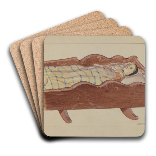 Pa. German Cradle with Doll & Coverlet by John Fisk Art Drink Coaster set Pa. German Cradle with Doll & Coverlet by John Fisk Art Drink Coaster set