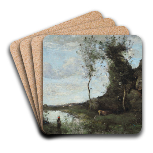 Une Paysanne Et Sa Vache  La Mare En Vue D'un Village by Jean-Baptiste-Camille Corot Art Drink Coaster set Une Paysanne Et Sa Vache  La Mare En Vue D'un Village by Jean-Baptiste-Camille Corot Art Drink Coaster set
