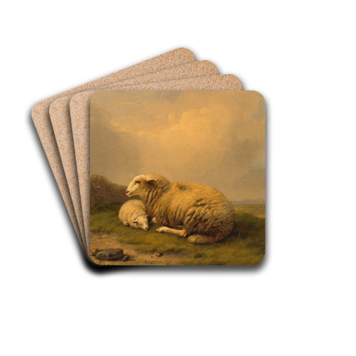 A resting sheep and a lamb by Eugne Joseph Verboeckhoven Drink Coasters - set of 4