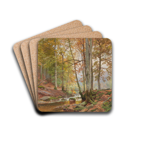 Autumn Woodland with Bridge over a Stream by Heinrich Bhmer Drink Coasters - set of 4