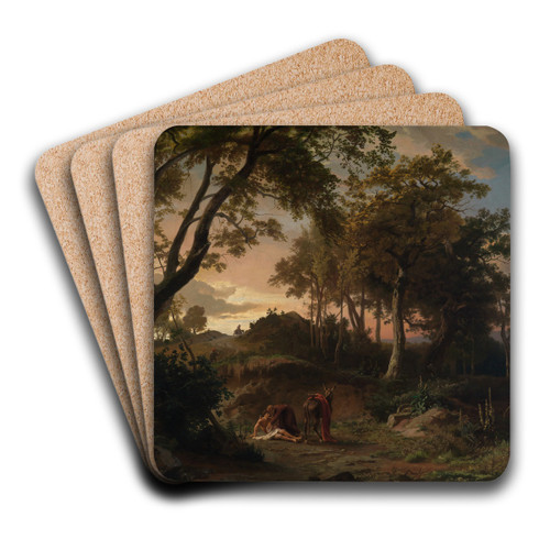 Der Abend, Die Bergung des verletzten Wanderers durch den barmherzigen Samariter by Johann Wilhelm Schirmer Art Drink Coaster set Der Abend, Die Bergung des verletzten Wanderers durch den barmherzigen Samariter by Johann Wilhelm Schirmer Art Drink Coaster set
