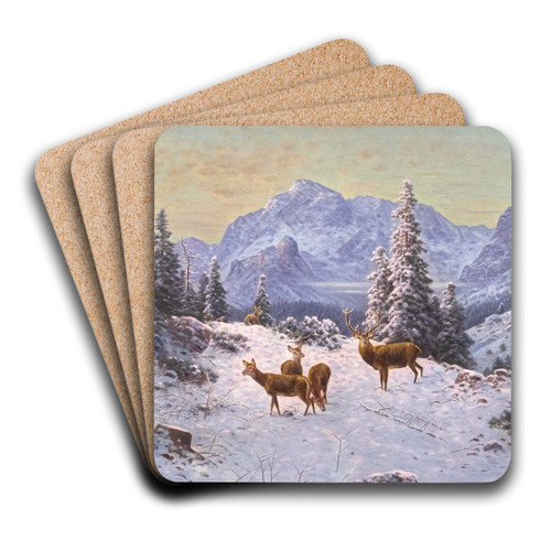 Hirsch mit Rudel im Winter by Ludwig Sckell Art Drink Coaster set