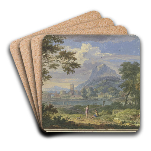 Landschaft mit einer italienischen Stadt bei einem hohen Berg, rechts die Ruine eines Tempels, im Vordergrund zwei Figuren und ein Hund by Jan van Huysum Art Drink Coaster set