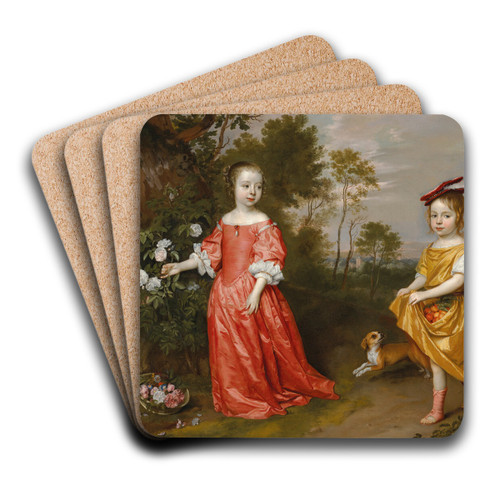 Double portrait of two children in a landscape, a dog at their side by Jan Mijtens Art Drink Coaster set