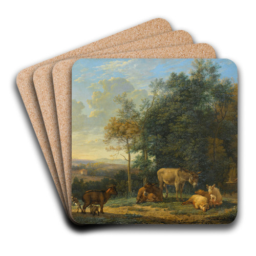 Landscape with Two Donkeys, Goats and Pigs by Karel Dujardin Art Drink Coaster set
