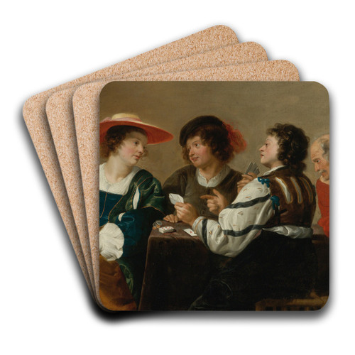 A woman and three men seated around a table playing cards by Theodoor Rombouts Art Drink Coaster set