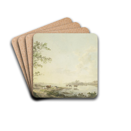 Nebliger Morgen an einem Flusse, am Ufer sieben Khe, zum Teil im Wasser stehend by Abraham Teerlink Drink Coasters - set of 4