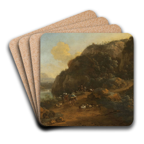 Mountain landscape with travellers by Jan Vermeer van Haarlem the Elder Art Drink Coaster set