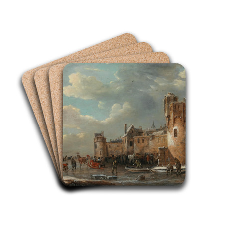 Skaters and a horse-drawn sleigh on the ice outside a walled town by Thomas Heeremans Drink Coasters - set of 4 Skaters and a horse-drawn sleigh on the ice outside a walled town by Thomas Heeremans Drink Coasters - set of 4