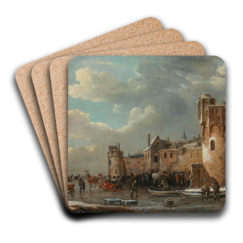 Skaters and a horse-drawn sleigh on the ice outside a walled town by Thomas Heeremans Art Drink Coaster set Skaters and a horse-drawn sleigh on the ice outside a walled town by Thomas Heeremans Art Drink Coaster set