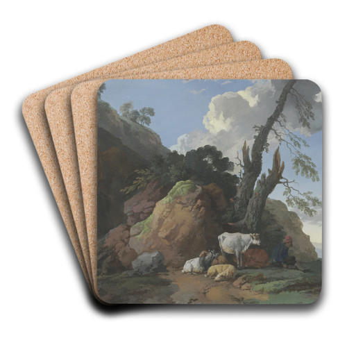 Felsige Gegend mit einem Hirten, zwei Khen, zwei Schafen und einer Ziege by Christian Wilhelm Ernst Dietrich Art Drink Coaster set
