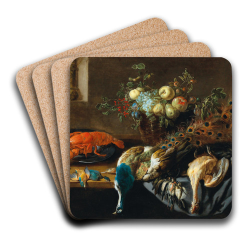 A still life with a peacock, fruit, a lobster and bird by Adriaen van Utrecht Art Drink Coaster set