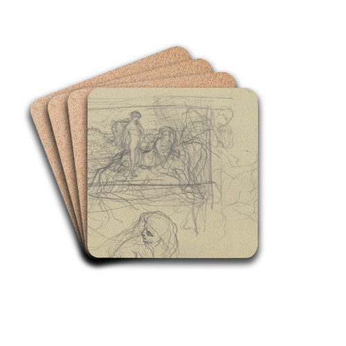 Stehender weiblicher Akt neben einer Sphinx in einer Landschaft, daneben Frauenkpfe by Victor Mller Drink Coasters - set of 4 Stehender weiblicher Akt neben einer Sphinx in einer Landschaft, daneben Frauenkpfe by Victor Mller Drink Coasters - set of 4