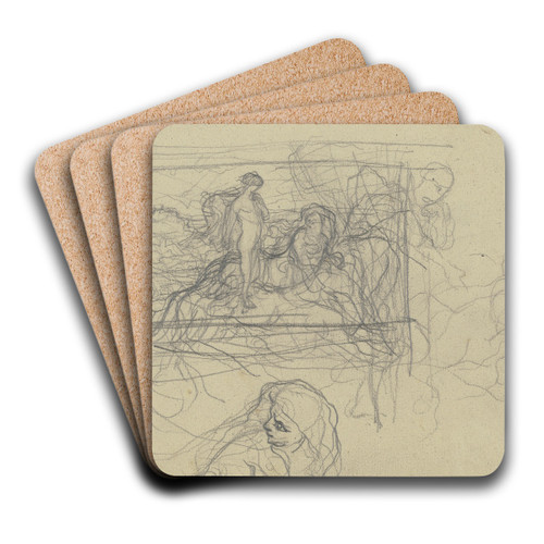 Stehender weiblicher Akt neben einer Sphinx in einer Landschaft, daneben Frauenkpfe by Victor Mller Art Drink Coaster set
