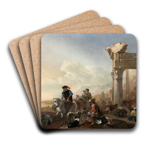 Hunters Near Ruins by Jan Baptist Weenix Art Drink Coaster set Hunters Near Ruins by Jan Baptist Weenix Art Drink Coaster set