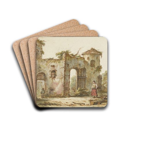 Vervallen gebouw met rechts een houtsprokkelaarster by Pieter Bartholomeusz. Barbiers Drink Coasters - set of 4 Vervallen gebouw met rechts een houtsprokkelaarster by Pieter Bartholomeusz. Barbiers Drink Coasters - set of 4