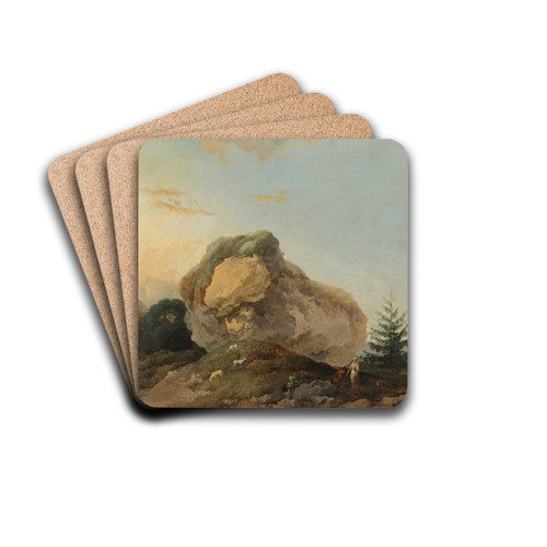 A hilly landscape with a large rock and a shepherd and shepherdess with their flock by Louis Gabriel Moreau Drink Coasters - set of 4 A hilly landscape with a large rock and a shepherd and shepherdess with their flock by Louis Gabriel Moreau Drink Coasters - set of 4