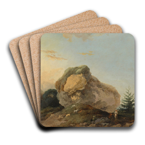 A hilly landscape with a large rock and a shepherd and shepherdess with their flock by Louis Gabriel Moreau Art Drink Coaster set A hilly landscape with a large rock and a shepherd and shepherdess with their flock by Louis Gabriel Moreau Art Drink Coaster set